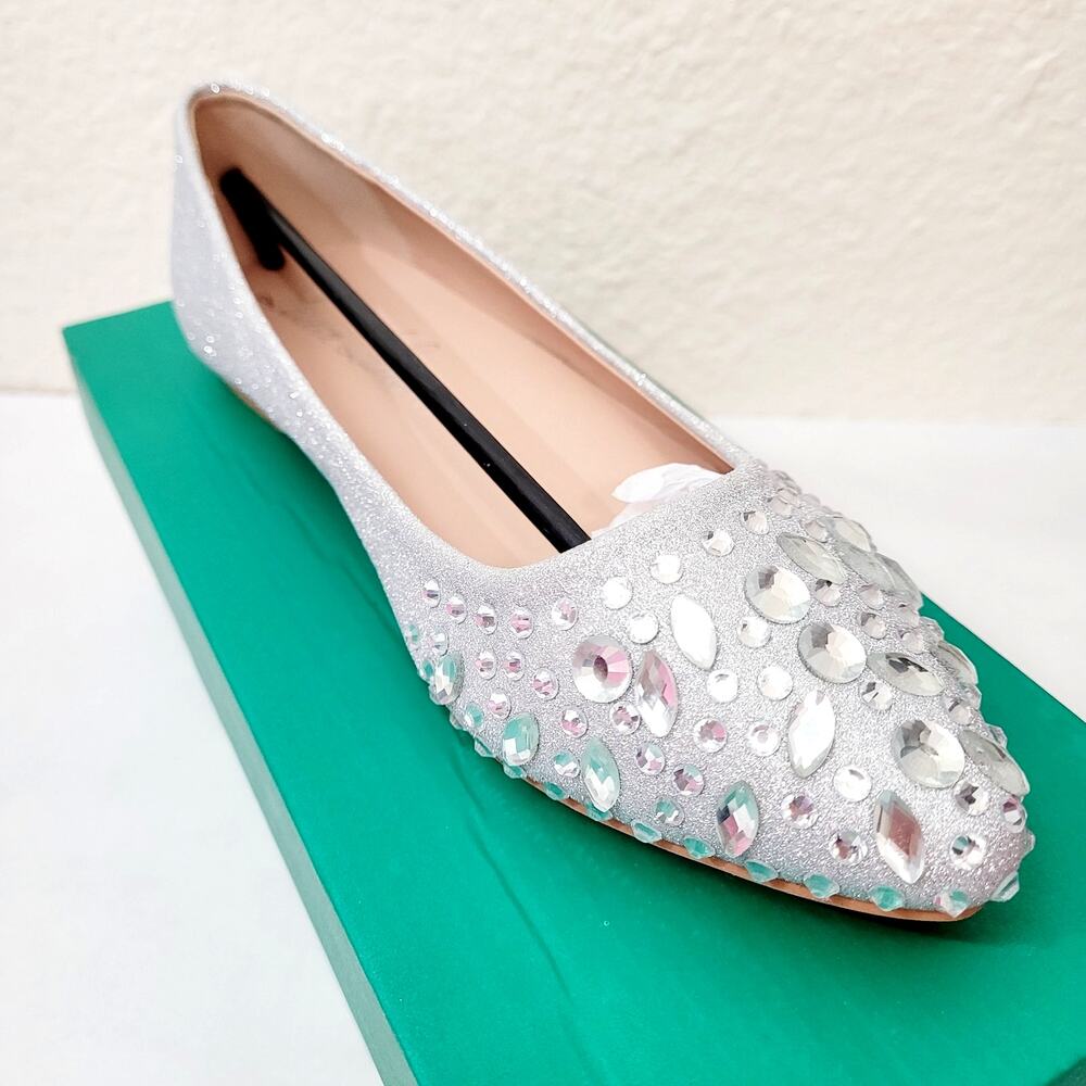 Lauren Lorraine Kelsey Women’s 6.5 Silver Rhinestone Flats Bling Bride Shoes NIB